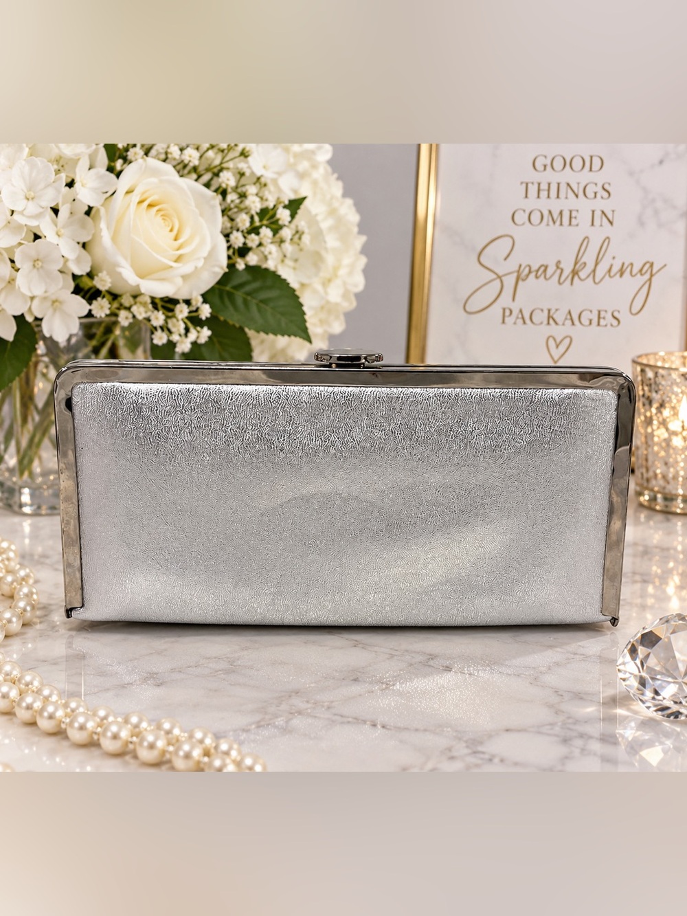 Vintage Silver Metallic Lamé Evening Clutch Frame Purse Retro Glam
